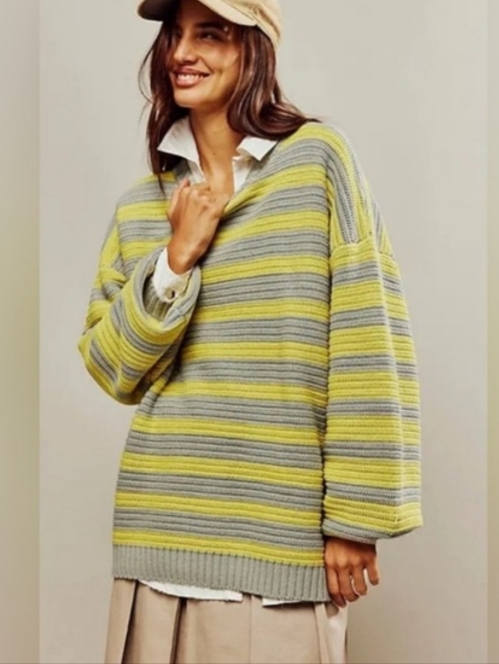 Free People Links Sweater Citrus Scales Striped Oversized   Cotton Blend Size XS